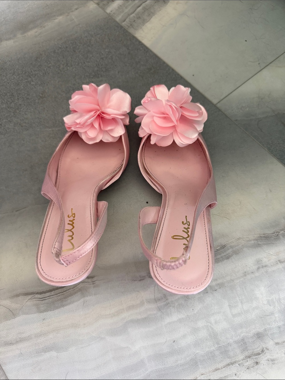 Lulus Courtney Pink Satin Floral Applique Slingback Pumps - Size 10 - Picture 3 of 5